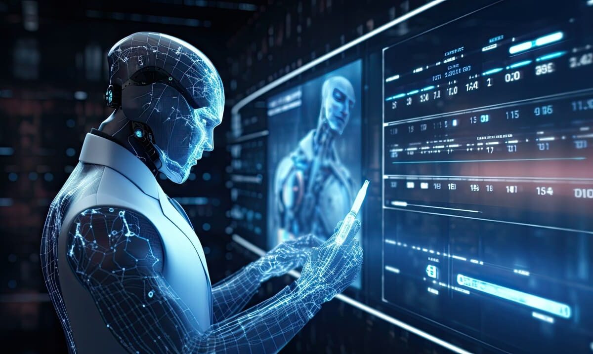 AI-powered venture studio concept — digital humanoid analyzing data on futuristic interface, symbolizing enterprise AI innovation in Europe.