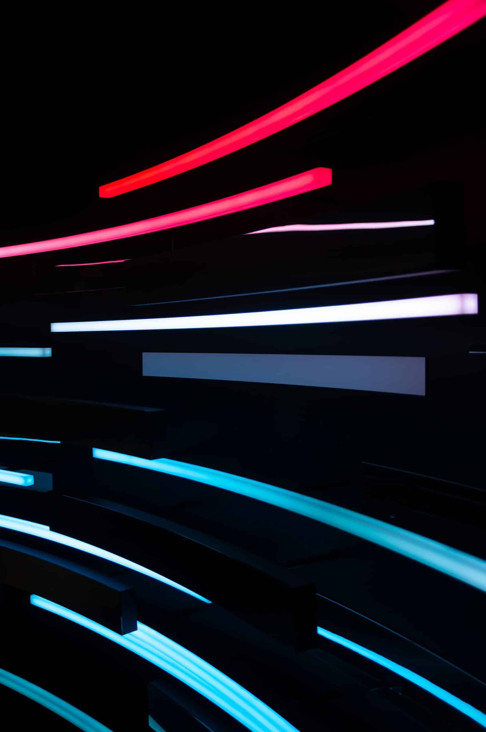 Neon light trails at "Questions for the future", a socio-critical work of art that is intended to encourage people to question modern trends. Displayed at Futurium in Berlin