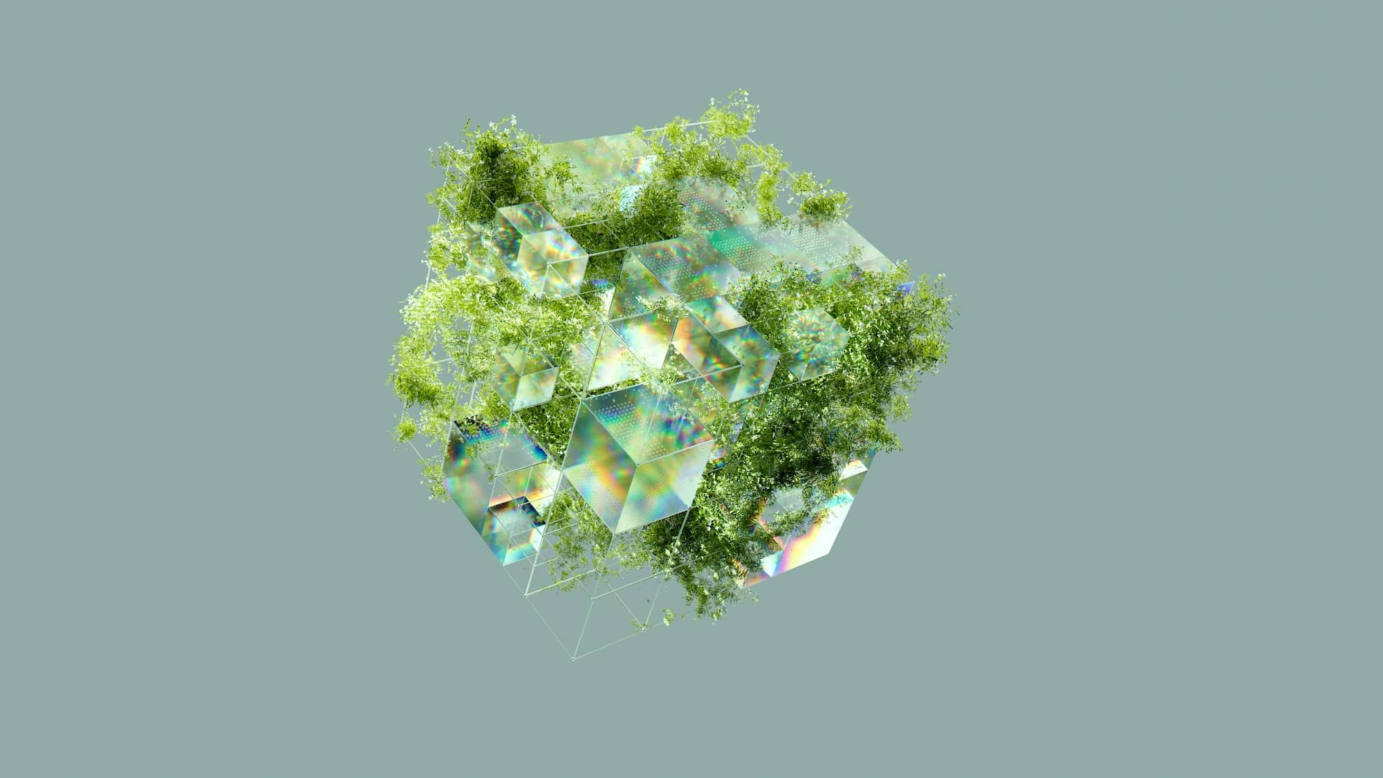 Sustainability: "In this image, I tried to marry the concepts of sustainability and AI. First I visualised AI, represented by the glass cubic structures because to me, AI feels like something structural. Inside the cube are layers of squares and dots. These represent data sets. Once I was happy with it, I started to work on visualising sustainability. I represented it through grass and flowers as it’s something that people can easily relate to and understand." Artist: Nidia Dias