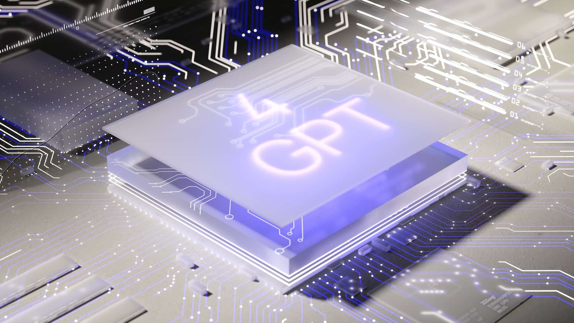GPT 4 Computer artificial intelligence board circuit image.